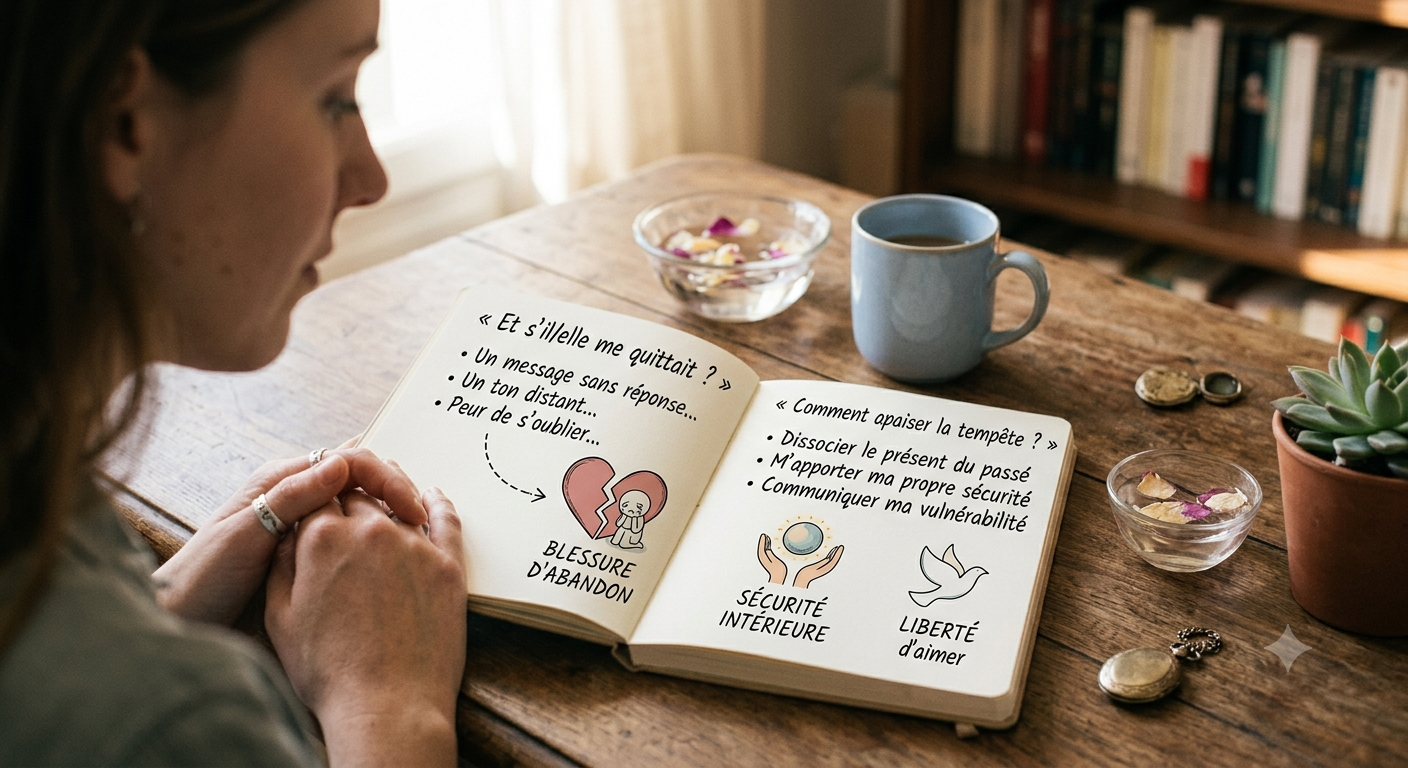Une femme, vue de profil partiel, est assise à une table en bois et regarde un carnet ouvert. La page de gauche montre l'anxiété avec une question manuscrite : « Et s’il/elle me quittait ? », des bullet points sur les doutes, et une illustration d'un cœur brisé contenant une figure qui pleure, légendée « BLESSURE D'ABANDON ». La page de droite montre la guérison avec une question : « Comment apaiser la tempête ? », des bullet points sur les solutions de l'article, et une illustration de mains tenant une sphère lumineuse, légendée « SÉCURITÉ INTÉRIEURE ». Une tasse de café et une plante verte sont sur la table.