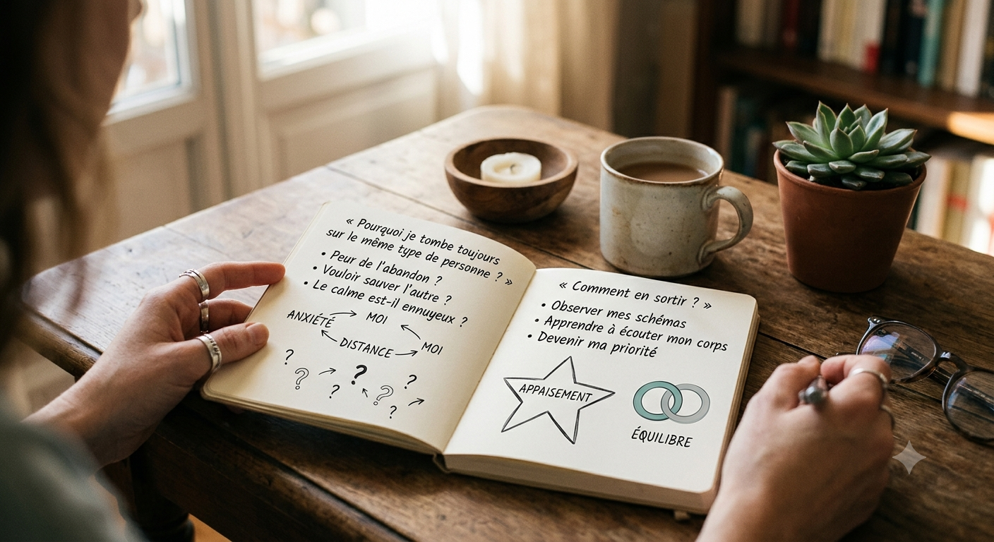 Une femme tient un carnet ouvert sur une table en bois. Sur la page de gauche, il est écrit à la main "Pourquoi je tombe toujours sur le même type de personne ?", avec une liste de doutes. Sur la page de droite, il est écrit "Comment en sortir ?", avec une liste de pistes d'apaisement et deux anneaux entrelacés symbolisant l'équilibre. À côté, se trouvent une tasse de café et une plante.